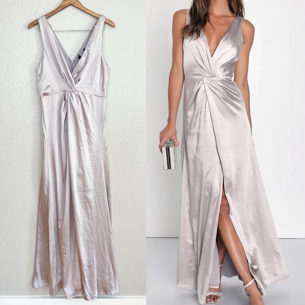 NWOT Perfect Refinement Grey Satin Sleeveless Pleated Maxi Dress
